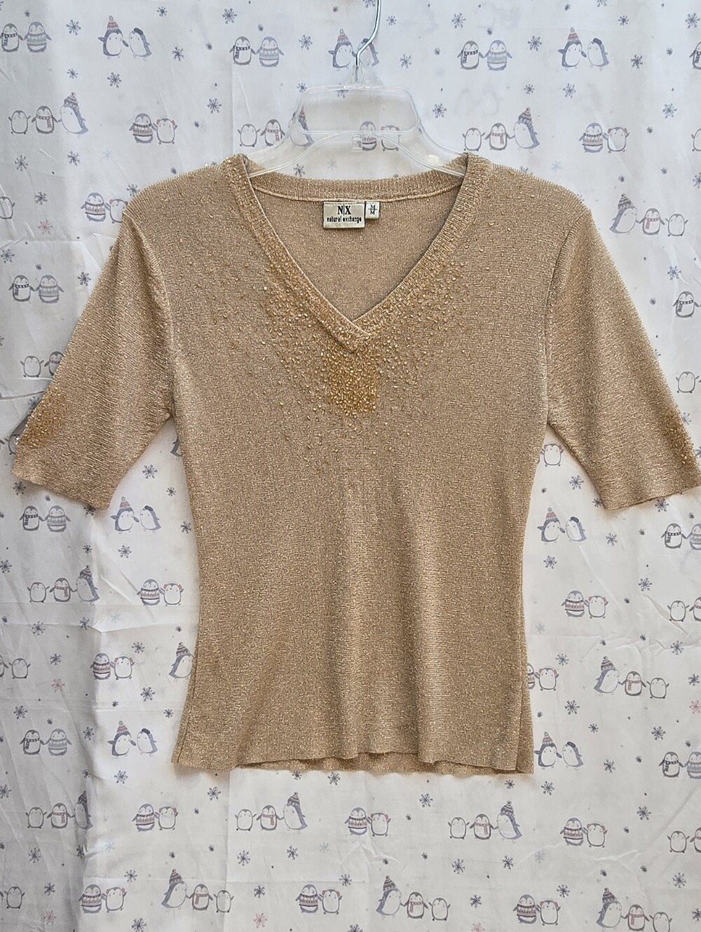 NX Beaded V‑Neck Short Sleeve Top in Champagne.  Size M